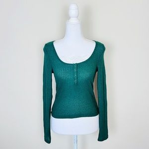 Forest Green Honeycomb Long Sleeve Button Henley Top with Peekaboo Lace